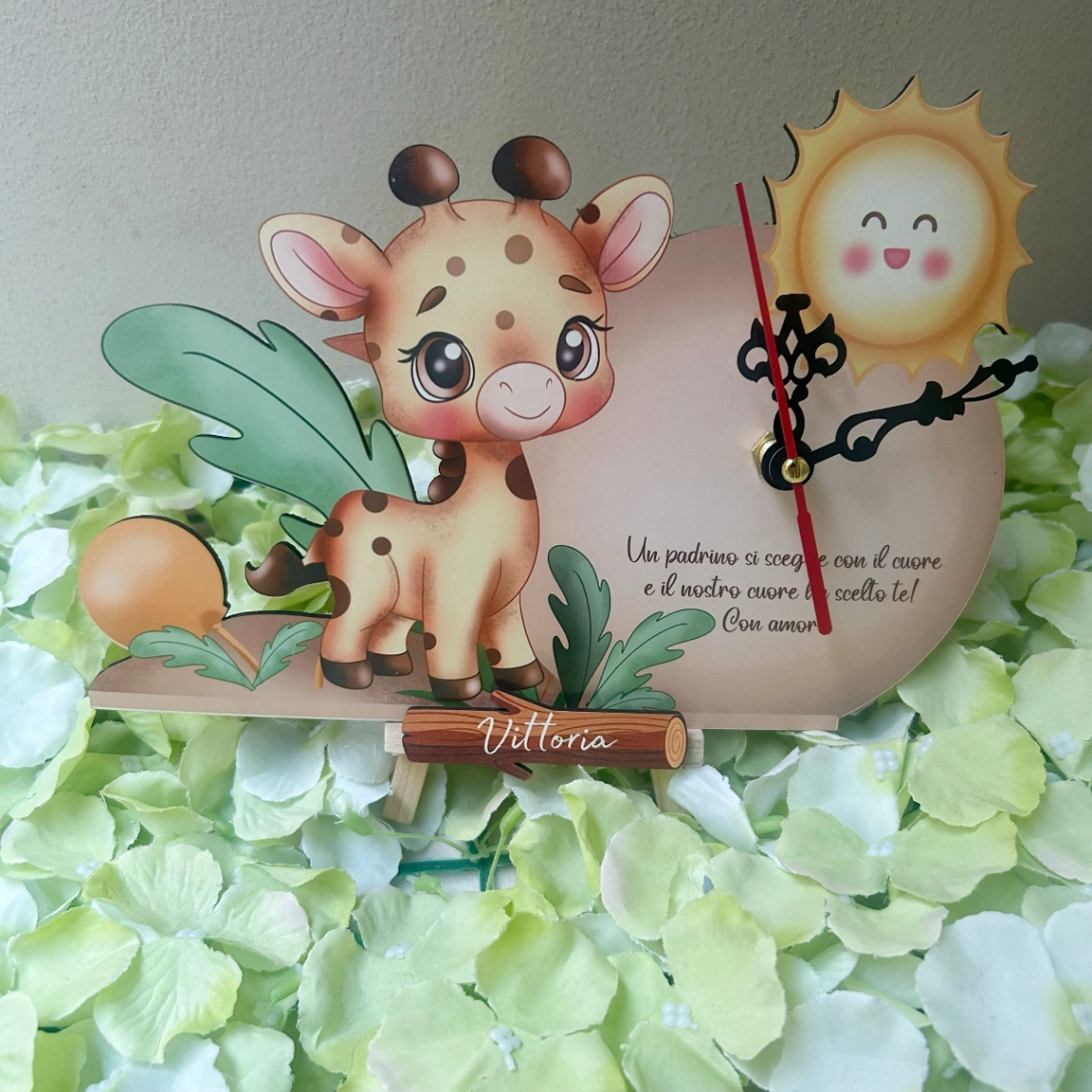 Orologio da Tavolo Sagomato Personalizzato per Padrino/Madrina – Tema Giraffa e Sole