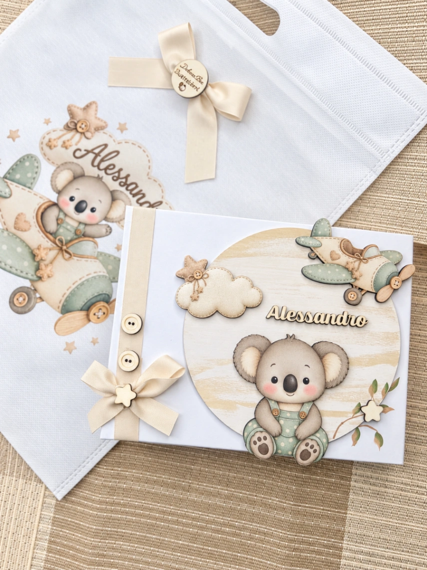 Album Portafoto Personalizzato per Nascita/Battesimo – Tema Koala Avventuriero e Aeroplano