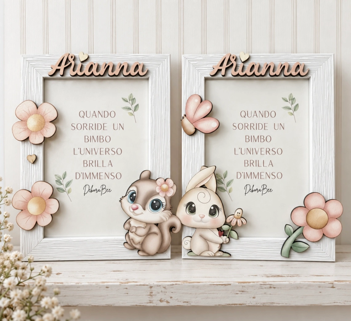 Cornice Portafoto Personalizzata per Nascita/Battesimo – Tema Animaletti del Bosco con Scoiattolino o Coniglietto