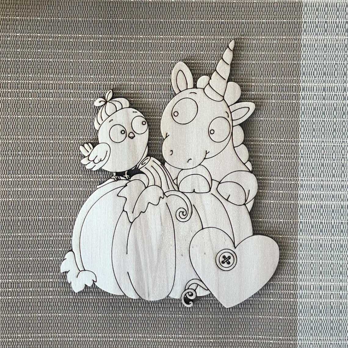 Sagoma in Legno da Dipingere – Unicorno, Uccellino e Zucca con Cuore (Decorazione Fai-da-Te / Bricolage)